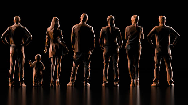 Back view of  six parents with baby and kid 3d render