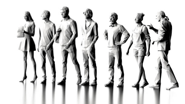 istock Right side view of people with different gestures wearing causal clothes white floor 3d render 1158866510