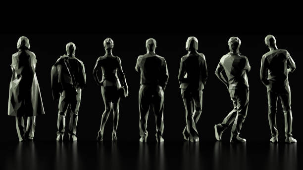 istock Back view of three women and three man  with causal clothing 3d render black background 1158866526