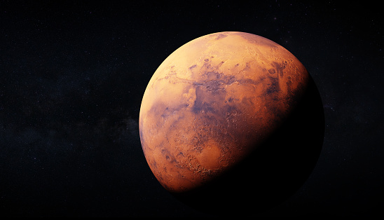 Ultra realisic 3d rendering of Mars and Milky way in the backround. Image uses large 46k textures for detailed appereance of the planet surface. Elements of this image furnished by NASA.