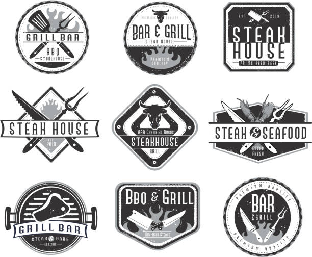 Set of BBQ Labels with unique shapes and text designs as well as grill elements Vector illustration of a set of BBQ Labels with unique shapes and text designs as well as grill elements. Includes Steak House, Grill Bar, BBQ & Grill, Steak and Seafood text designs as well as steak knife, steak, flames, lobster and bbq utensils. Unique set of badges. Fully editable EPS 10. bbq logos stock illustrations