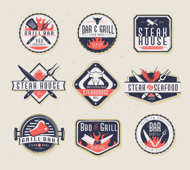 Set of BBQ Labels with unique shapes and text designs as well as grill elements Vector illustration of a set of BBQ Labels with unique shapes and text designs as well as grill elements. Includes Steak House, Grill Bar, BBQ & Grill, Steak and Seafood text designs as well as steak knife, steak, flames, lobster and bbq utensils. Unique set of badges. Fully editable EPS 10. bbq logos stock illustrations