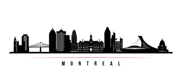 蒙特利爾城市天際線水準橫幅。加拿大蒙特利爾市的黑白剪影。用於設計的向量範本。 - 滿地可 幅插畫檔、美工圖案、卡通及圖標