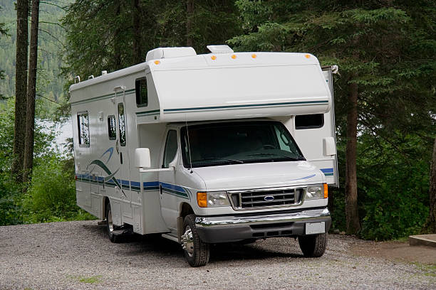 a white motorhomes parked in the woods