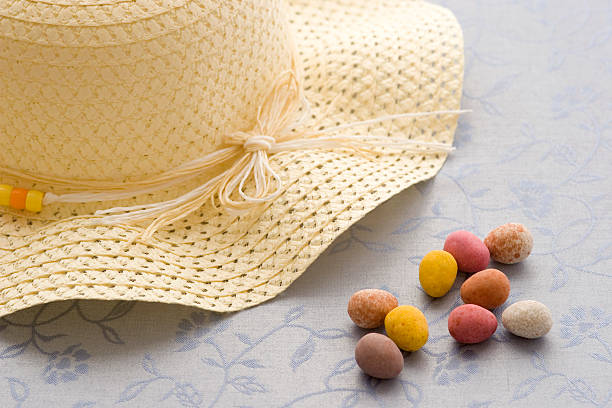 Easter bonnet and eggs stock photo