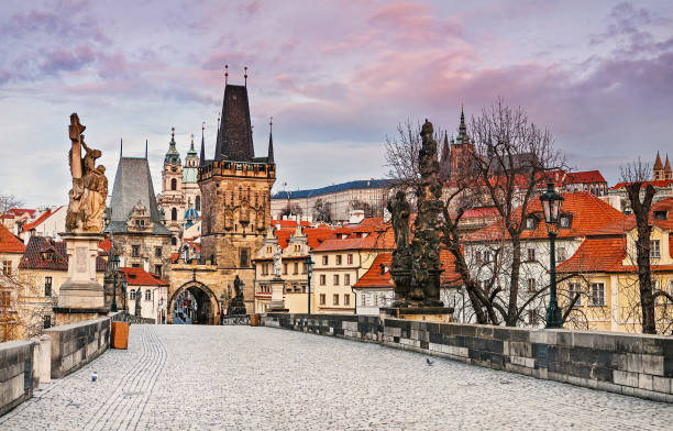 istock Panorama of empty Charles Bridge in Prague without tourists 1158880103