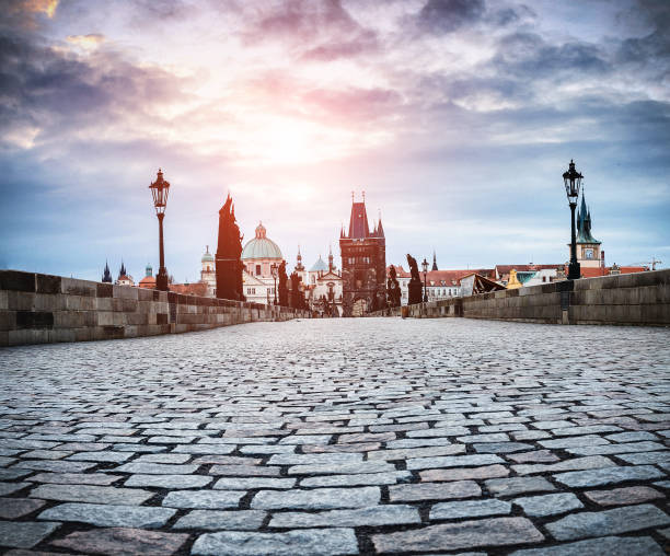 istock Beautiful morning at empty Charles bridge tower, wide angle panorama 1158880105
