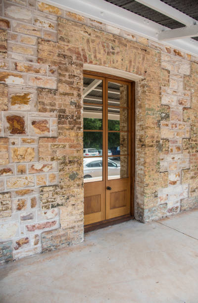 Darwin, Northern Territory, Australia-November 19,2017: Old limestone courthouse building with doors and low doorknobs in Darwin, Australia