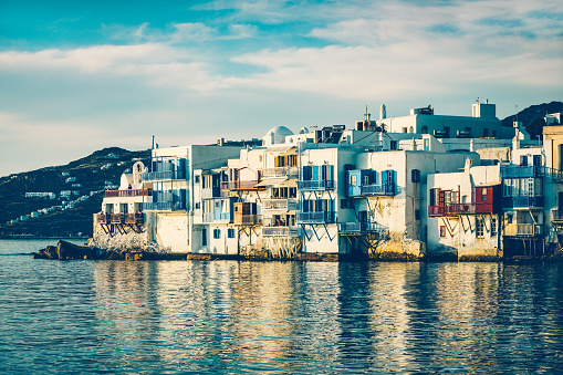 Architecture at Little Venice, Mykonos town (Chora), Mykonos island, Cyclades, Greece at sunset.