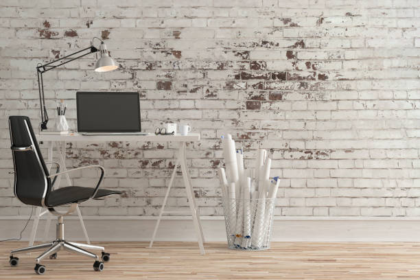 istock Workdesk with decoration and copy space -ruined wall 1158890010