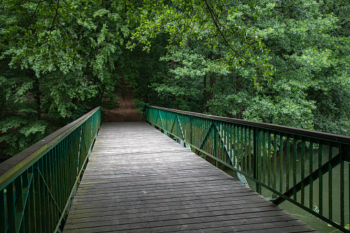 Footbridge over the water leading to the park. Passage over the water in the forest area. Season of the summer.