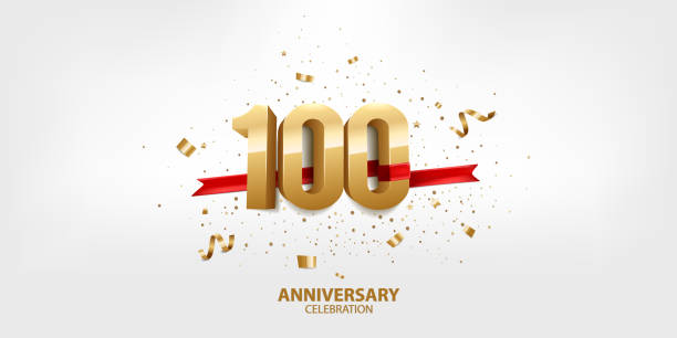 100th Anniversary celebration 100th Anniversary celebration. 3D Golden numbers with confetti and ribbon. number 100 stock illustrations