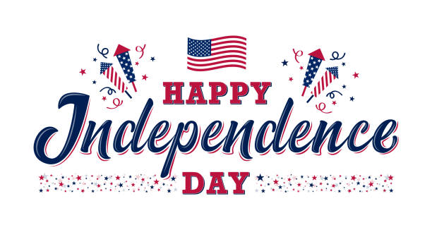 Happy Independence day sign. United states independence day Happy Independence day sign with stars, petards and american flag. 4th of July, United States independence day. Template design for poster, banner, flyer, greeting card. Vector illustration independence illustrations stock illustrations