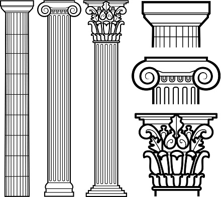 Set of six vector illustrations of decorative Greek and Roman style columns and pillars in three styles... doric, ionic and corinthian.
