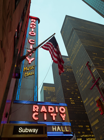 New York City, USA - April 26, 2019: Radio City Music Hall is an entertainment venue located at 1260 Avenue of the Americas in Rockefeller Center in New York City. Its nickname is the Showplace of the Nation. It is the headquarters for the Rockettes, the precision dance company.