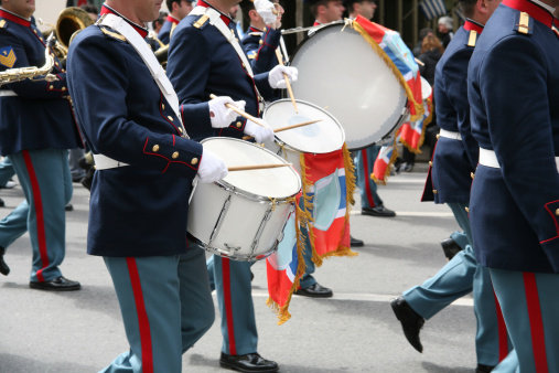Members of a military band in full uniform in an army parade during a national holiday in Athens, Greece.