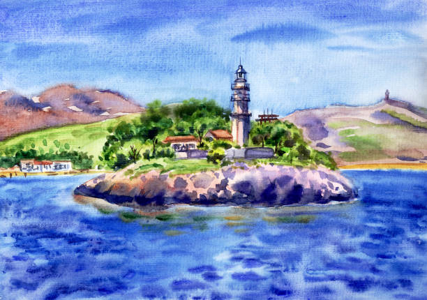 Lighthouse on a cape Lighthouse on a cape in the Mediterranean, watercolor landscape. lighthouse maine new england coastline stock illustrations