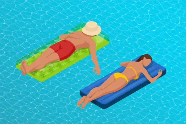Vector illustration of Inflatable ring and mattress. Young man nad woman on air mattress in the big swimming pool. Summer holiday idyllic. Enjoying suntan. Vacation concept. High view from above.