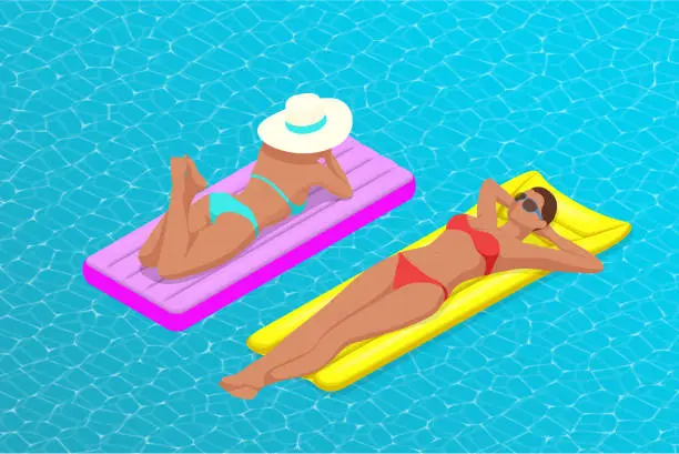 Vector illustration of Inflatable ring and mattress. Young women on air mattress in the big swimming pool. Summer holiday idyllic. Enjoying suntan. Vacation concept. High view from above.