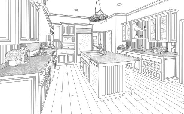 Black Custom Kitchen Design Drawing on White stock photo