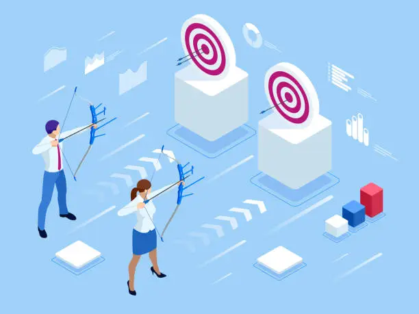 Vector illustration of Isometric Businessman and Businesswoman shooting a bow and arrow. Success. Arrow hit the center of the target. Business target achievement concept.