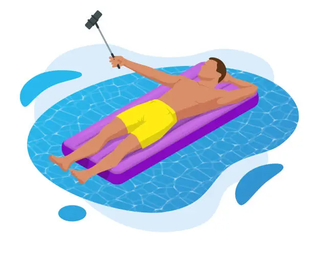 Vector illustration of Inflatable ring and mattress. Young man on air mattress in the big swimming pool. Summer holiday idyllic. Enjoying suntan. Vacation concept. High view from above.