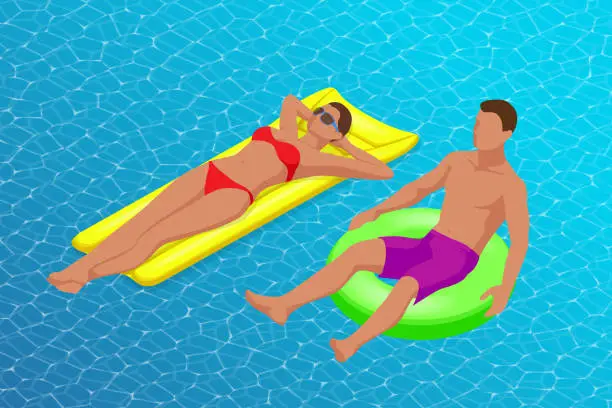 Vector illustration of Inflatable ring and mattress. Young man nad woman on air mattress in the big swimming pool. Summer holiday idyllic. Enjoying suntan. Vacation concept. High view from above.
