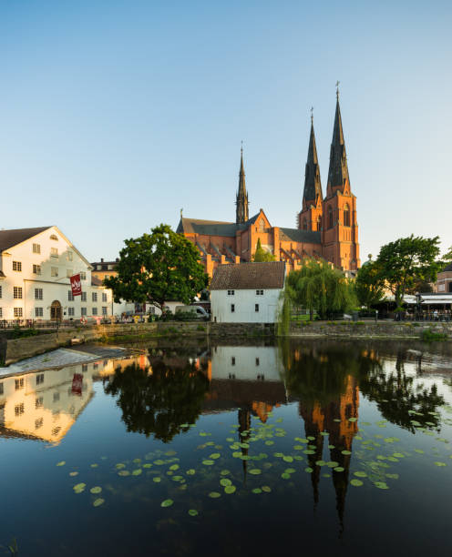 вид на реку фирис в сторону уппсальского собора - uppsala cathedral стоковые фото и изображения