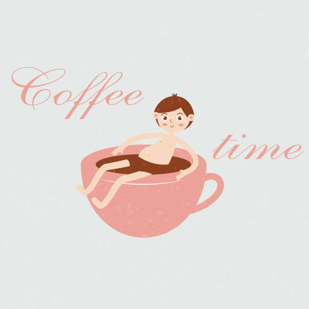 забавная иллюстрация парня, сидящего в чашке кофе. - кофе брейк stock illustrations