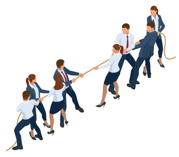 Isometric businessmen and businesswomen in suit pull the rope, competition, conflict. Tug of war and symbol of rivalry. Isometric businessmen and businesswomen in suit pull the rope, competition, conflict. Tug of war and symbol of rivalry business battle stock illustrations