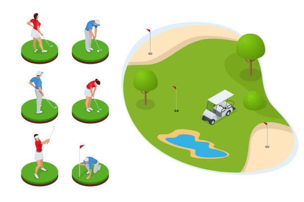 골프 요소의 아이소메트릭 세트입니다. 재생 장비 골프 고립 벡터 일러스트레이션 - golf course illustrations stock illustrations