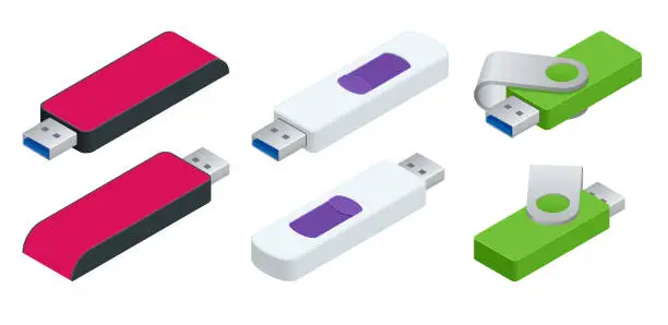 Vector illustration of Isometric set of USB flash drives. USB memory stick isolated on white. Thumb drive, gig stick, disk key, disk on key