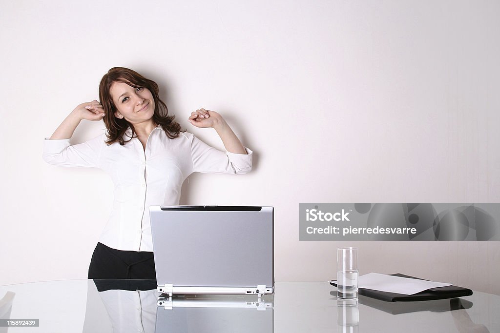 Business woman presenting with opened laptop. http://www.mihaicalin.ro/p_blb.jpg Backgrounds Stock Photo