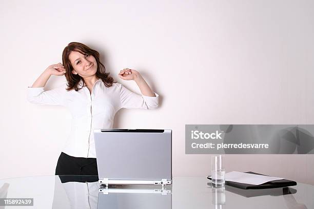 Business Woman Presenting With Opened Laptop Stock Photo - Download Image Now - Backgrounds, Stability, Businesswoman