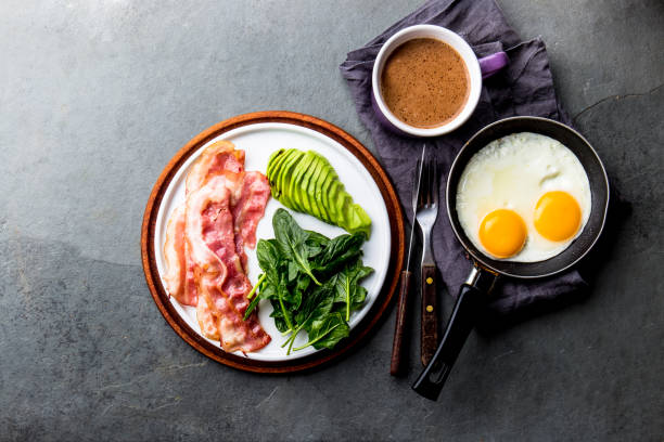 ketogenic śniadanie dietetyczne. jajko sadzone, boczek i awokado, szpinak i kuloodporna kawa. niskowęglowe śniadanie o wysokiej zawartości tłuszczu - lowcarb zdjęcia i obrazy z banku zdjęć