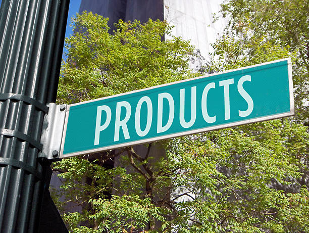 istock Green road sign with the writing products on a black pole 115893803