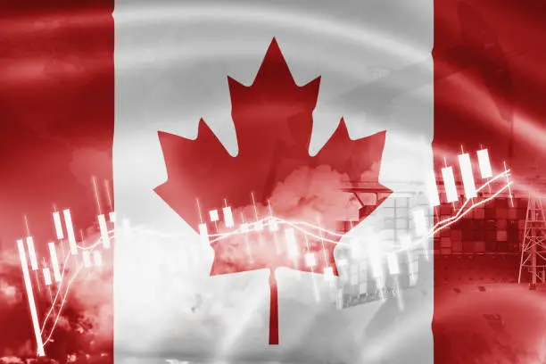 Photo of Canada flag, stock market, exchange economy and Trade, oil production, container ship in export and import business and logistics.