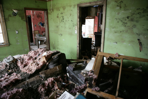 My Living room after hurricane Katrina.  Furniture is tossed about and then covered with fallen sheetrock and insulation.
