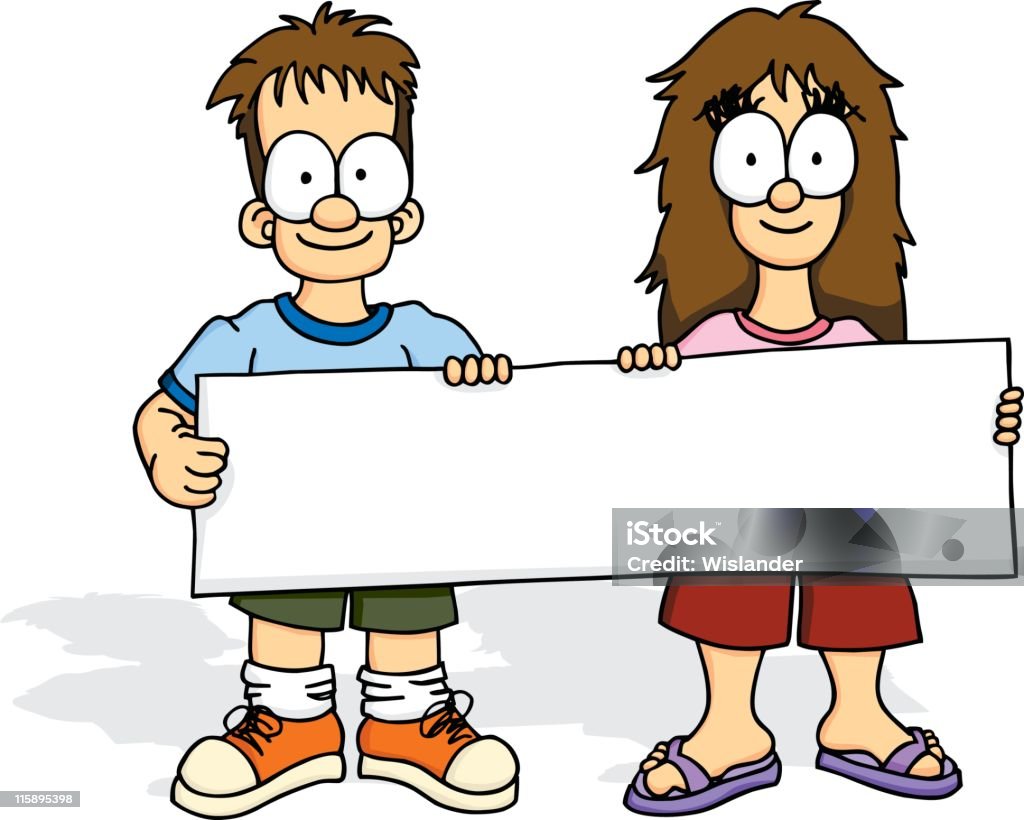 Enfants tenant une pancarte - clipart vectoriel de Deux personnes libre de droits