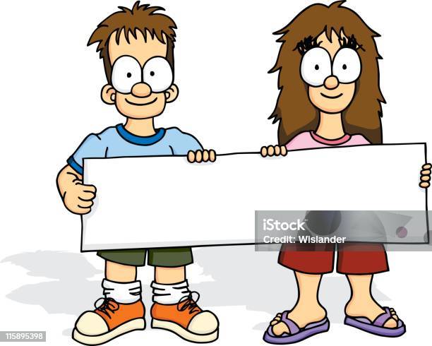 Ребенок Держащий Знак — стоковая векторная графика и другие изображения на тему Два человека - Два человека, Держать, Знак