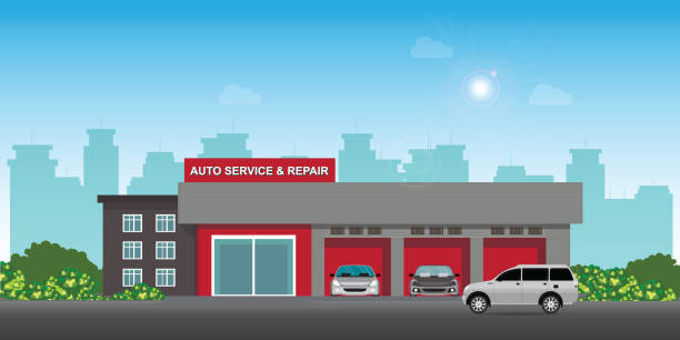 auto-auto-service und reparatur-center oder garage mit autos. - mechanic cartoon construction work tool stock-grafiken, -clipart, -cartoons und -symbole