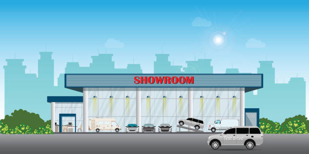 Modern car dealership centre showroom building includes cars on the display and test drive car. Modern car dealership centre showroom building includes cars on the display and test drive car, automobile showroom exterior vector illustration. glass showroom stock illustrations