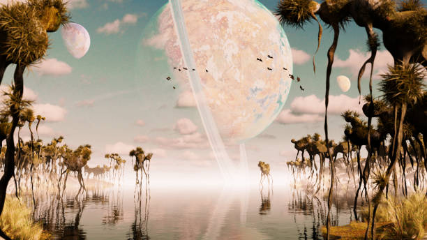 istock exoplanet landscape, alien world with strange plants and flying creatures (3d space rendering) 1158962153