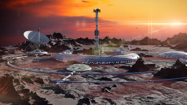 istock station on Mars surface, first martian colony in desert landscape on the red planet (3d space render) 1158962313