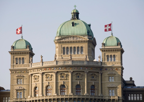The Swiss government building Bundeshaus or Federal Palace of Switzerland, headquarter one of the oldest democracies in the world, Berne, capital city of Switzerland, Europe
