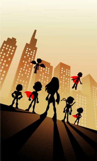 vector cartoon kids superhero sylwetka zespołu - superhero comic book cityscape flying stock illustrations