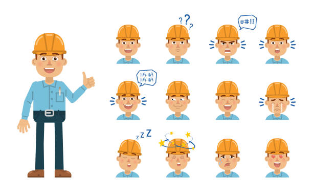Set of construction man emoticons. Worker avatars showing different facial expressions. Happy, sad, cry, laugh, smile, angry, dizzy, tired, in love and other emotions Flat design vector illustration people laughing hard stock illustrations