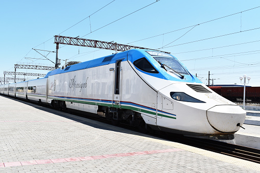 Bukhara (BUXORO), Uzbekistan in May 19, 2019.\n high-speed afrosiyob train, stop at Bukhara railway station.