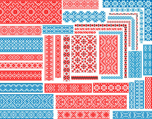 Set of Seamless Ethnic Patterns for Embroidery Stitch Set of 37 editable colorful seamless ethnic patterns for embroidery stitch. Floral and geometric ornaments. slavic culture stock illustrations