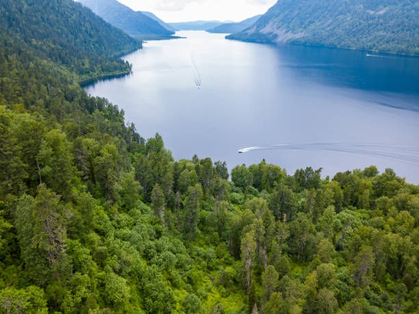 An aerial view of the Teletskoye Lake between the Altai Mountains on which a boat floats to moor to the shore on which there are green trees and other ships. Leisure and outdoor travel without people. An aerial view of the Teletskoye Lake between the Altai Mountains on which a boat floats to moor to the shore on which there are green trees and other ships. Leisure and outdoor travel without people. altay state nature reserve stock pictures, royalty-free photos & images